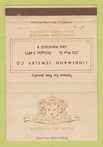Matchbook Cover - Hamilton Watches Lindemann Jewelry San Francisco CA 40 Strike