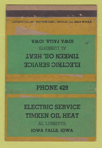 Matchbook Cover - Electric Service Timken Oil Heat Iowa Falls IA WORN 40 Strike