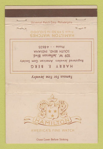 Matchbook Cover - Hamilton Watches Berg Jewelry South Bend IN WEAR 40 Strike