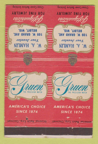 Matchbook Cover - Gruen Watches Hamlin Jewelry Beloit WI DOUBLE PRINT 40 Strike