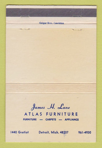 Matchbook Cover - James Lane Atlas Furniture Detroit MI WEAR 40 Strike