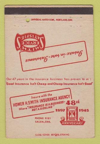 Matchbook Cover - Homer Smith Insurance Salem OR 1945 40 Strike