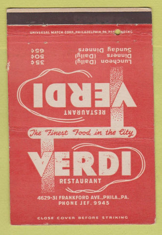 Matchbook Cover - Verdi Restaurant Philadelphia PA WEAR 40 Strike