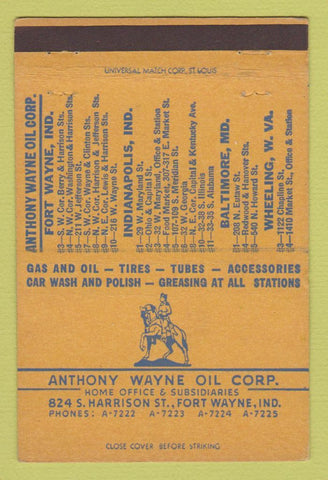 Matchbook Cover - Anthony Wayne Oil Corp Fort Wayne IN Indianapolis 40 Strike