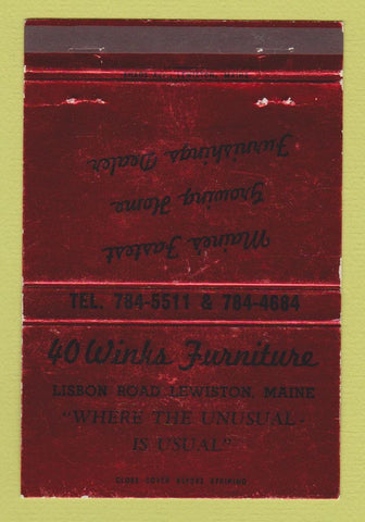 Matchbook Cover - 40 Winks Furniture Lewiston ME WEAR 40 Strike