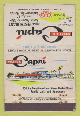 Matchbook Cover - Motel Capri Restaurant Jacksonville FL WORN 40 Stick