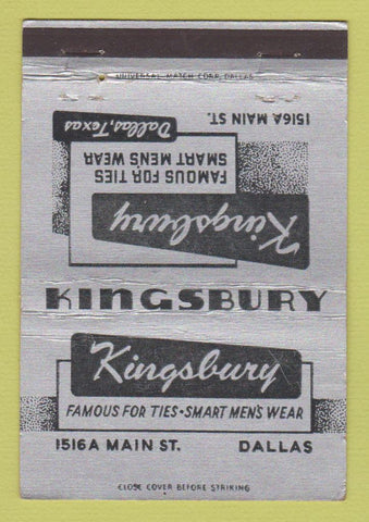 Matchbook Cover - Kingsbury Men's Clothes Ties Dallas TX 40 Strike