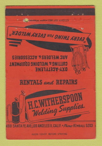 Matchbook Cover - HC Witherspoon Welding Supply Los Angeles CA 40 Strike