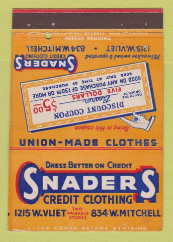 Matchbook Cover - Snaders Credit Clothing Milwaukee WI 40 Strike