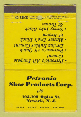 Matchbook Cover - Petronio Shoe Products Corp Newark NJ WORN BACK 40 Strike