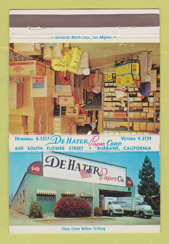 Matchbook Cover - De Hater Paper  Burbank CA 40 Strike