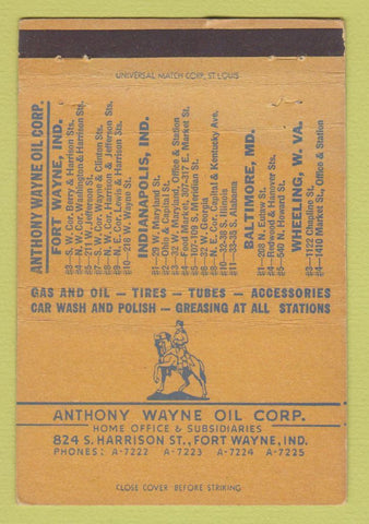 Matchbook Cover - Anthony Wayne Oil Corp Fort Wayne IN Indianapolis 40 Strike