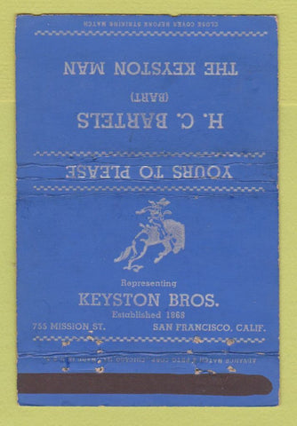 Matchbook Cover - HC Bartels Keyston Man San Francisco CA 40 Strike
