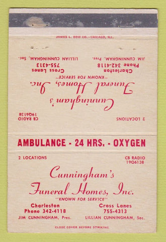 Matchbook Cover - Cunningham's Funeral Charleston Cross Lanes WV WEAR 40 Strike