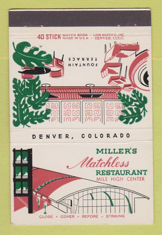 Matchbook Cover - Miller's Matchless Restaurant Denver Colorado 40 Stick
