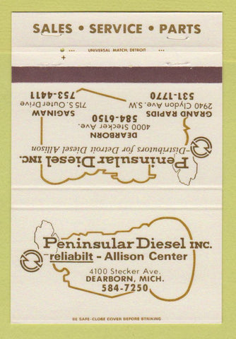 Matchbook Cover - Peninsular Diesel Allison Center Dearborn MI 40 Strike