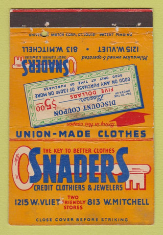 Matchbook Cover - Snaders Credit Clothing Milwaukee WI WEAR #1 40 Strike