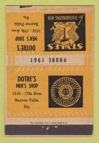 Matchbook Cover American Legion Dotre's Men's Clothes Beaver Falls PA 40 Strike
