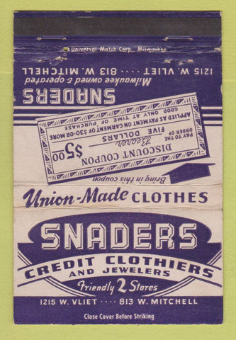 Matchbook Cover - Snaders Credit Clothing Milwaukee WI #2 40 Strike