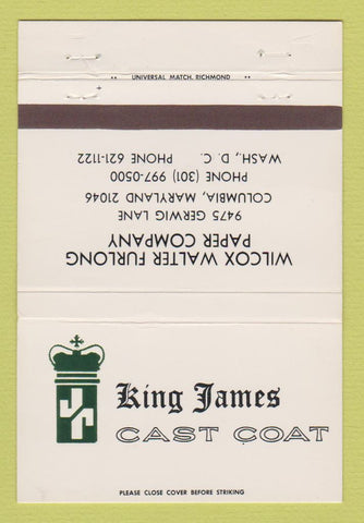 Matchbook Cover - King James Cast Coat Wilcox Walter Paper Columbia MD 40 Strike