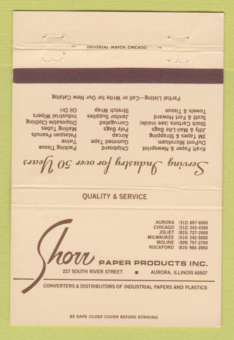 Matchbook Cover - Shorr Paper Products Aurora IL 40 Strike