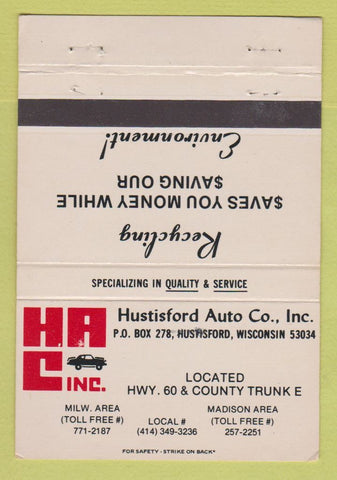 Matchbook Cover - Hustisford Auto Company WI WEAR 40 Strike