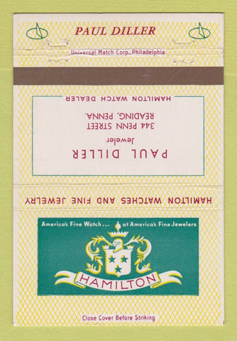 Matchbook Cover - Hamilton Watches Paul Diller Jewelry Reading PA 40 Strike