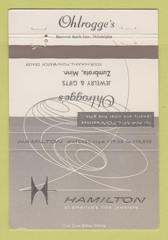 Matchbook Cover - Hamilton Watches Ohlrogge's Jewelry Zumbrota MN 40 Strike