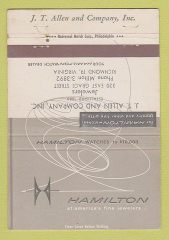 Matchbook Cover - Hamilton Watches JT Allen Jewelry Richmond VA 40 Strike
