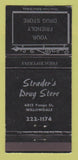 Matchbook Cover - Strader's Drug Store Willowdale ON WEAR 30 Strike