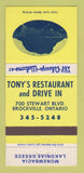 Matchbook Cover - Tony's Restaurant Drive In Brockville ON Greek 30 Strike
