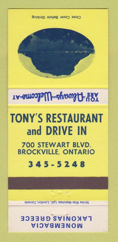Matchbook Cover - Tony's Restaurant Drive In Brockville ON Greek 30 Strike