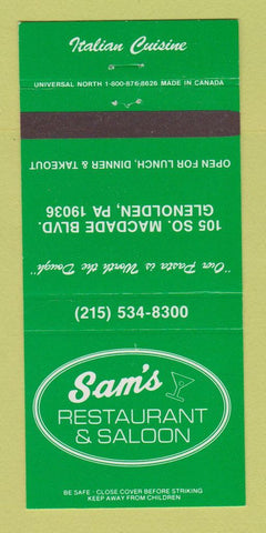 Matchbook Cover - Sam's Restaurant Saloon Italian Glenolden PA 30 Strike