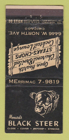 Matchbook Cover - Menard's Black Steer Chicago IL WEAR 30 Stick