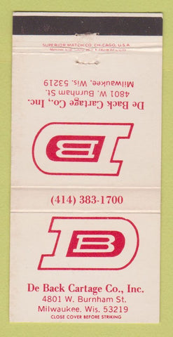 Matchbook Cover - De Back Cartage Trucking Milwaukee WI 30 Strike