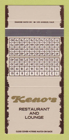 Matchbook Cover - Keno's Restaurant Tustin Anaheim CA SAMPLE 30 Strike