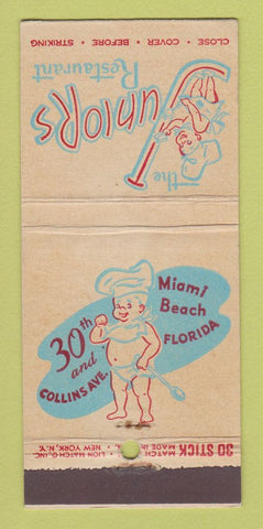 Matchbook Cover - Juniors Restaurant Miami Beach FL 30 Stick