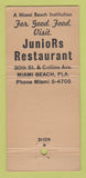 Matchbook Cover - Juniors Restaurant Miami Beach FL 30 Stick