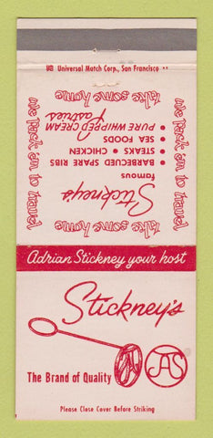 Matchbook Cover - Stickney's Restaurant Redwood City Palo Alto CA 30 Strike
