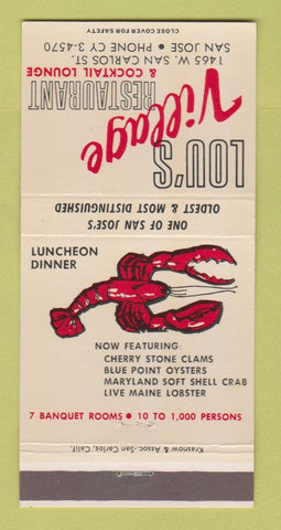 Matchbook Cover - Lou's Village Restaurant San Jose CA lobster 30 Strike