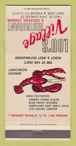 Matchbook Cover - Lou's Village Restaurant San Jose CA lobster 30 Strike