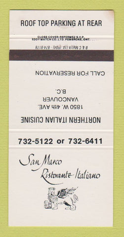 Matchbook Cover - San Marco Italian Restaurant Vancouver BC 30 Strike