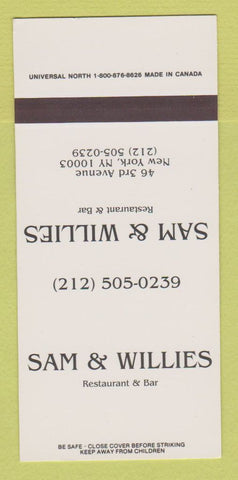 Matchbook Cover - Sam & Willies Restaurant New York City 30 Strike