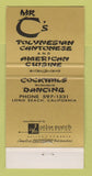 Matchbook Cover - Mr C's Long Beach CA Polynesian Chinese 30 Strike