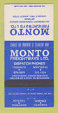 Matchbook Cover - Monto Freightways Trucking Toronto ON Montreal QC 30 Strike