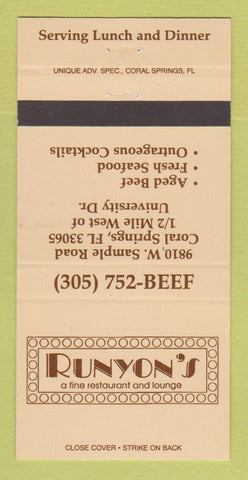 Matchbook Cover - Runyon's Restaurant Coral Springs FL 30 Strike