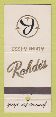 Matchbook Cover - Rohde's Restaurant Madison WI 21 Strike Feature