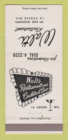 Matchbook Cover - Walt's Restaurant La Crosse WI 30 Strike