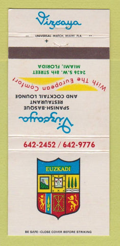 Matchbook Cover - Vizcaya Spanish Restaurant Miami FL 30 Strike