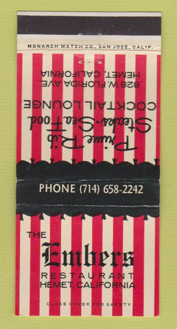 Matchbook Cover - Embers Restaurant Hemet CA 30 Strike